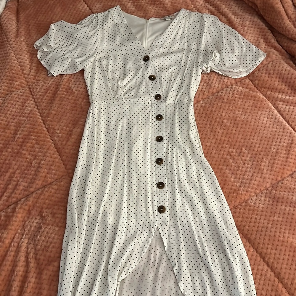 White/black polka dot dress with open front slit, back zipper